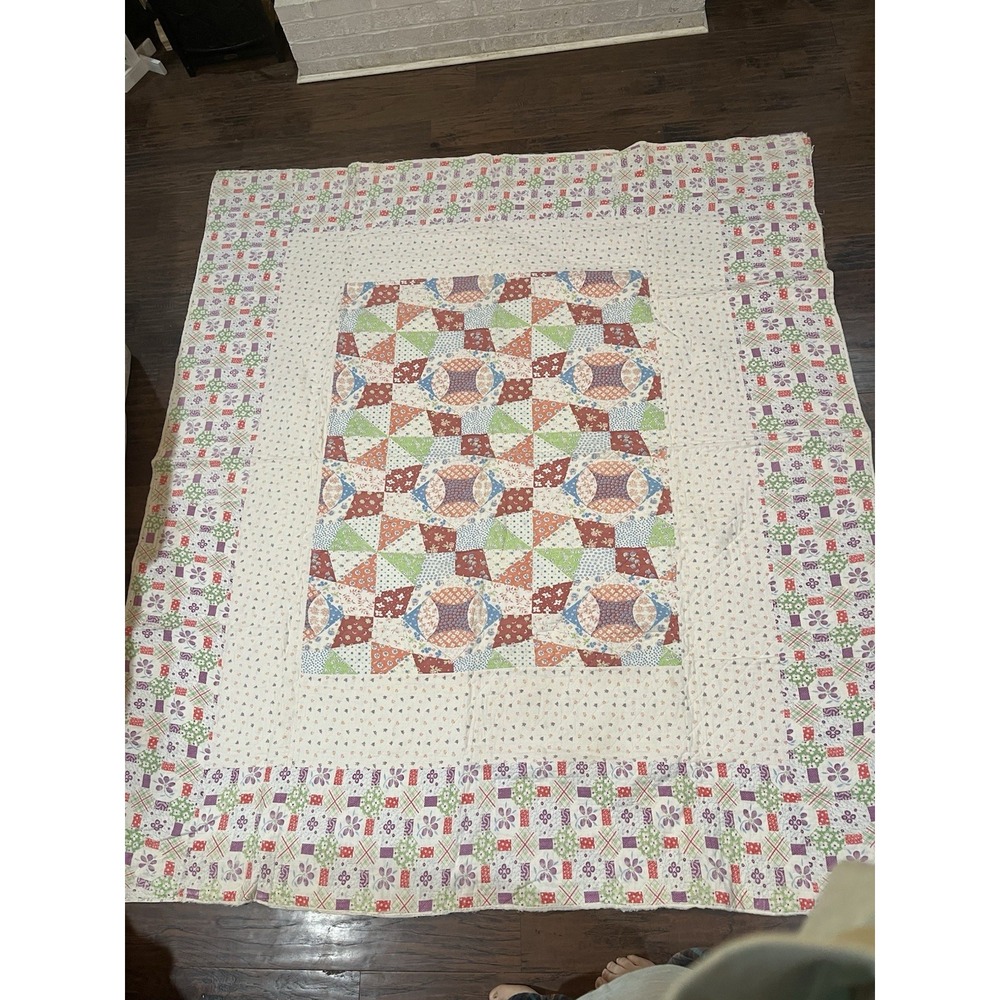 Vtg Handmade Quilt 74x86" Reversible Floral Cottagecore Aged‎ Frayed Garden
